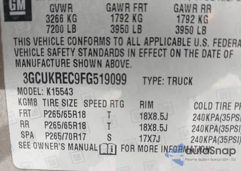 2015 Chevrolet Silverado 1500 1Lt from USA, damaged, VIN 3GCUKREC9FG519099